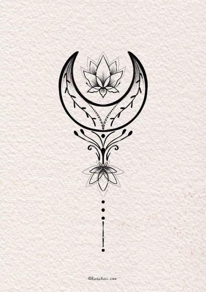 10 Plantillas y Bocetos de Tatuajes dos Flores de Loto invertidas Luna Adornos de ramas