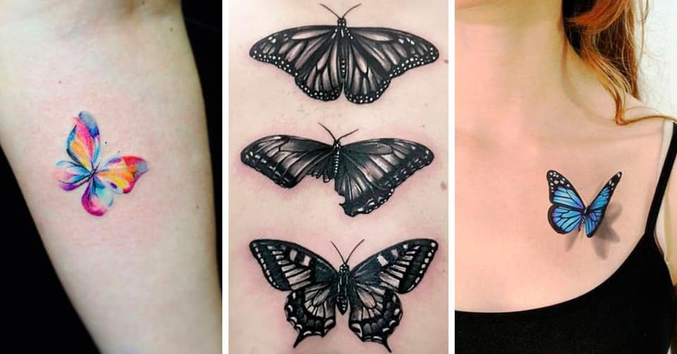 10 tatuaggi di farfalle multicolori nere e azzurre in 3D