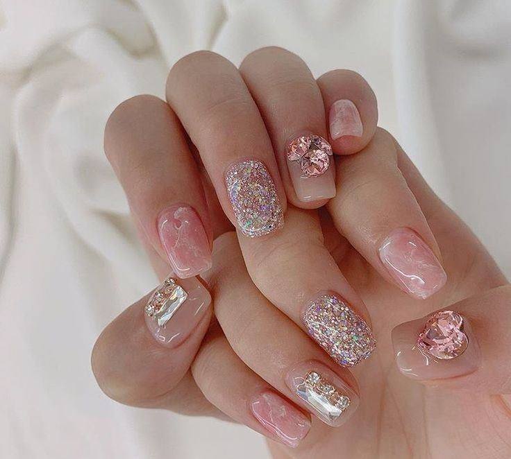 10 Short Pink Decorated Nails with Sparkly Silver and Sparkly Pink Embellishments