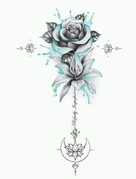 112 Tattoo-Vorlagen skizzieren Ideen Rose mit Lotusblütensatz mit hellblauem Aquarell