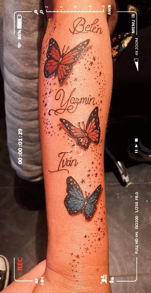 14 Tattoos for women the most liked Emperor butterflies with names of three children Belen Yazmin Ivan with stars