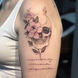 16 Totenkopf-Tattoos auf dem Arm, schwarze Kontur und rosa Blumen