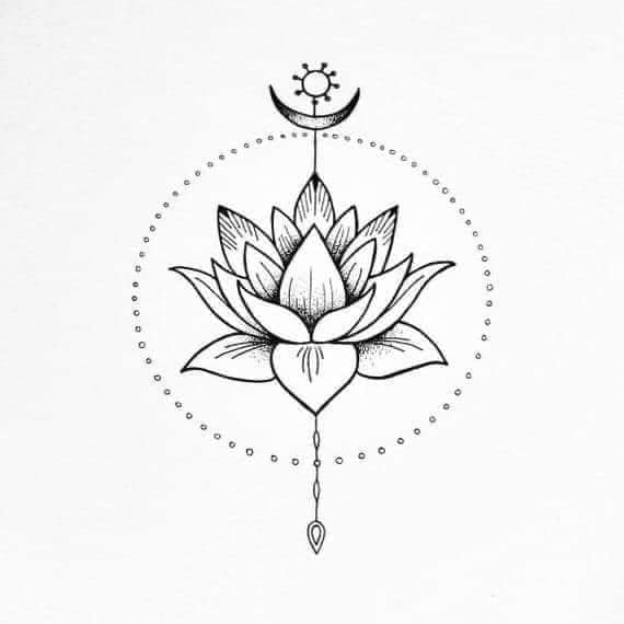 19 Vorlagen und Skizzen von Lotusblumen-Tattoos innerhalb eines Kreises, erstellt mit einer gepunkteten Linie sowie Mond und Sonne