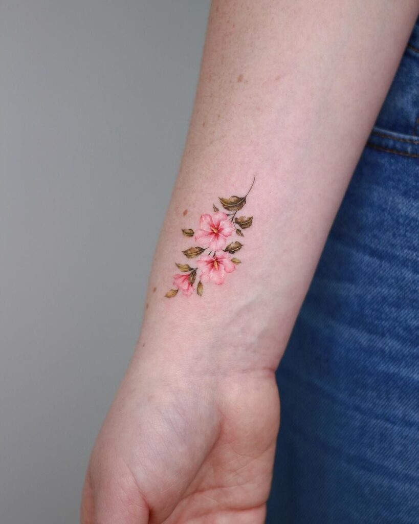 2 TOP 2 Small Tattoos Small Branch of Pink Cherry Blossoms on the side of the wrist