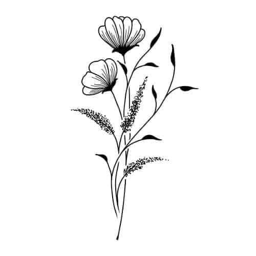 22 Schablonen und Skizzen von Tätowierungen. Blumenstrauß aus zwei kleinen Blumen mit Blättern und Ähren