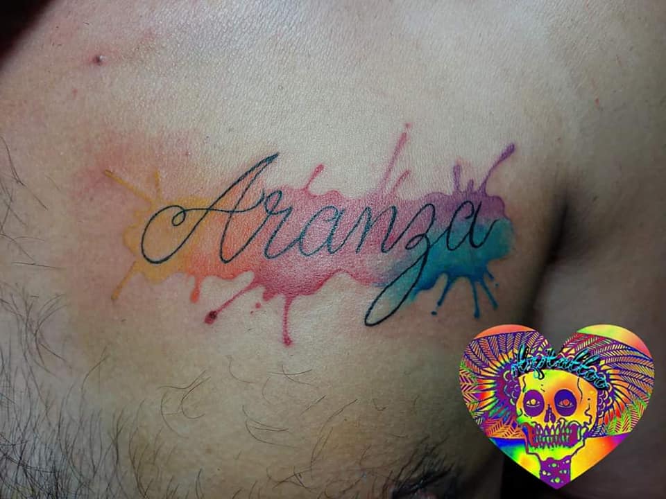 26 Tattoos for women the most liked Aranza name with multicolored watercolor background