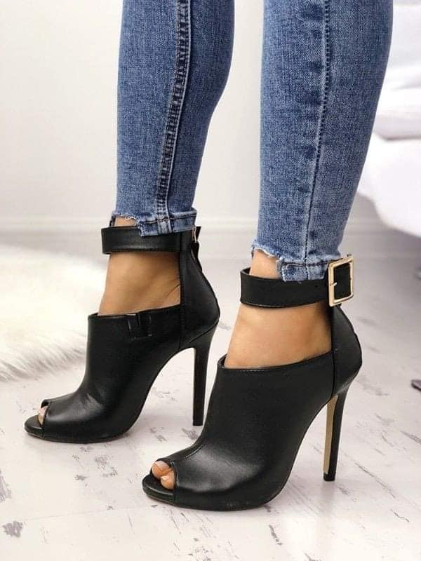 27 Black Women's Ankle Boots open toe stiletto heel and strap