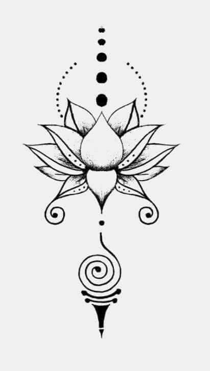 27 Vorlagen und Skizzen von Lotusblumen-Tattoos mit Spiralstamm und Kreisen in verschiedenen Größen