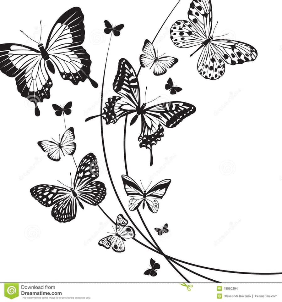 29 Schmetterlings-Tattoos. Satz vieler fliegender Schmetterlinge mit Linien-Skizzenvorlage