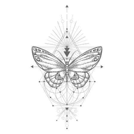 30 tatuagens de borboleta baseadas em um desenho geométrico com modelo de esboço de triângulos, círculos, setas, linhas