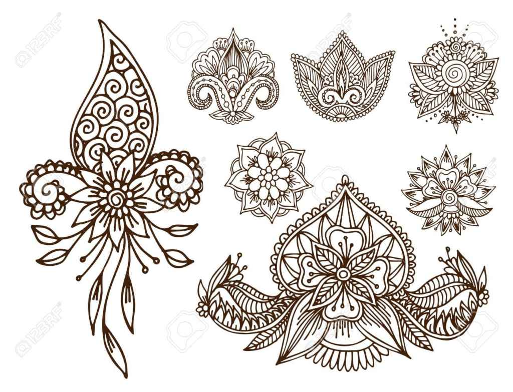 35 modelli di schizzi per tatuaggi, diversi disegni per ornamenti indiani all'henné