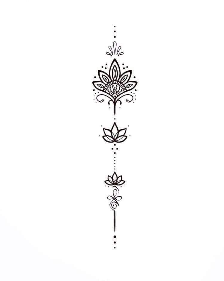 39 Vorlagen und Skizzen von Tätowierungen Drei Lotusblumen in einer Linie mit Punkten