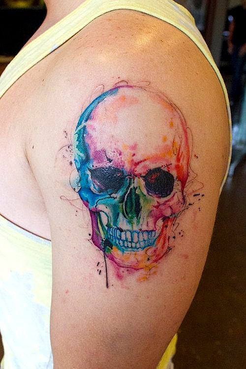 4 TOP 4 Colorful watercolor Skull tattoos on arm blue green violet orange colors