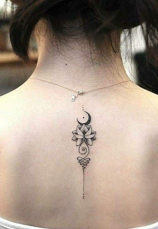 4 TOP 4 Tatuaggi i migliori disegni Template Sketch Moon Lotus Flower e Unalome sulla parte posteriore della colonna vertebrale