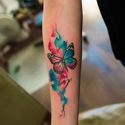51 Butterfly in Watercolor Forearm red and light blue colors