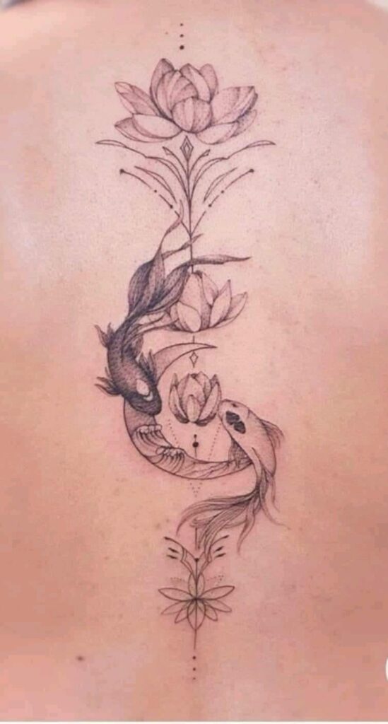 60 tatouages pochoirs croquis idées fleur de lotus poisson koi formant une fleur de lotus yin yang en noir