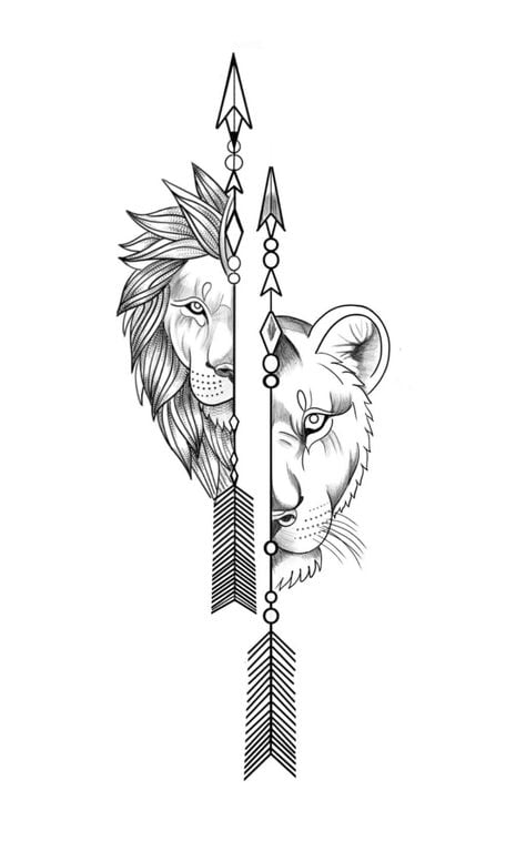 64 Modelli Schizzi per tatuaggi Mezza faccia di leone e freccia di leonessa al centro
