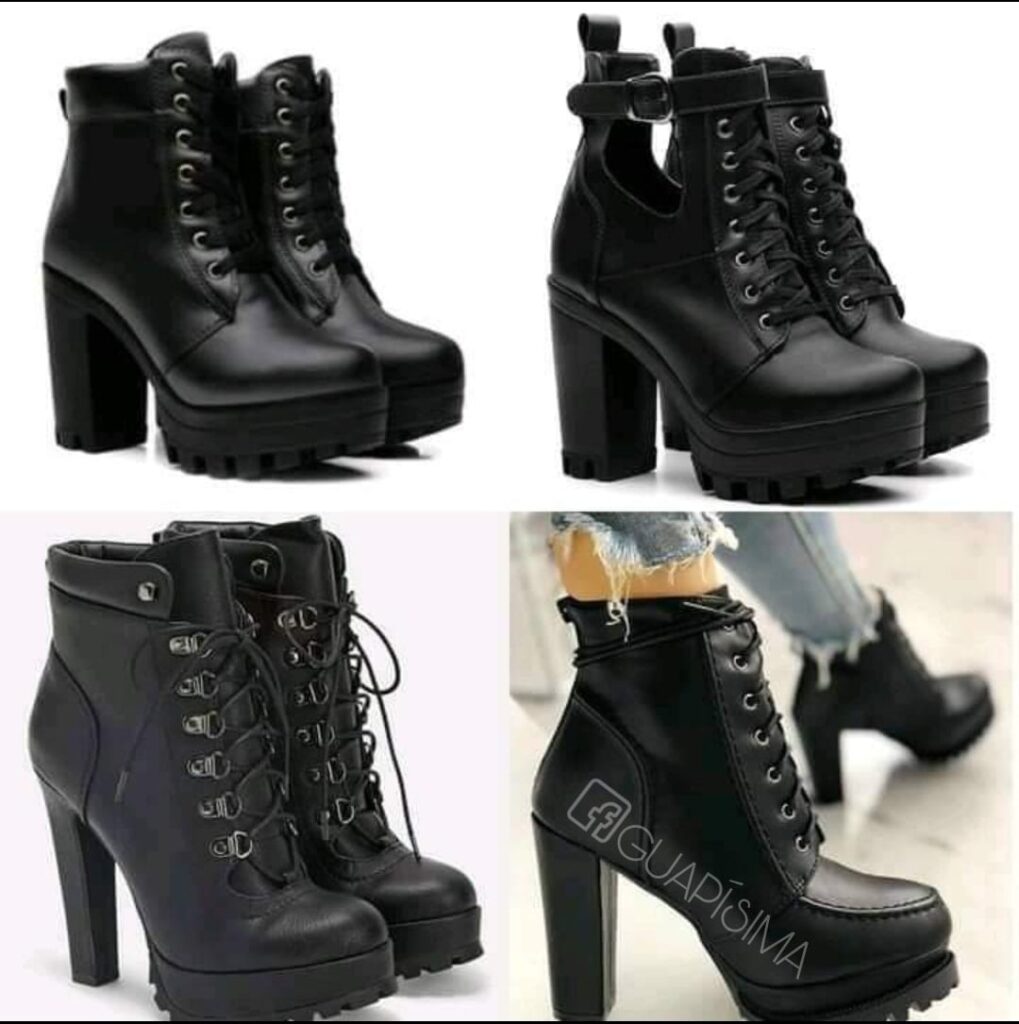 6600 Women's Black Ankle Boots with Laces Square High Heel four models