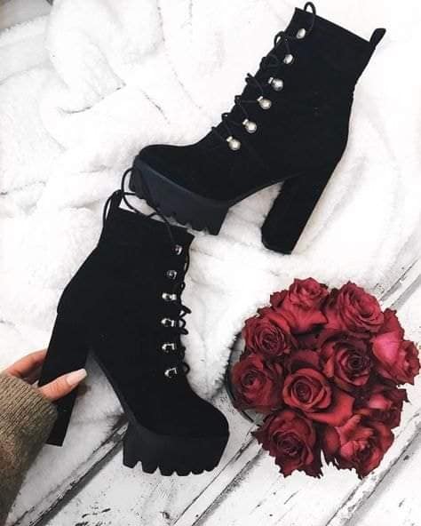 7 Black Women's Ankle Boots with laces at the front and thin platform
