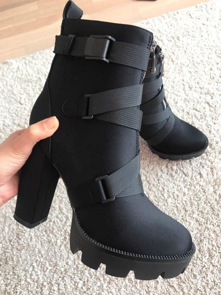791 Black Women's Ankle Boots Rubber sole Fastening straps Square Heel