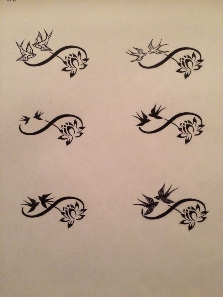 8 Tatuajes de Infinito con Plumas Iniciales Significado Bocetos plantillas con Aves Golondrinas Flor de Loto