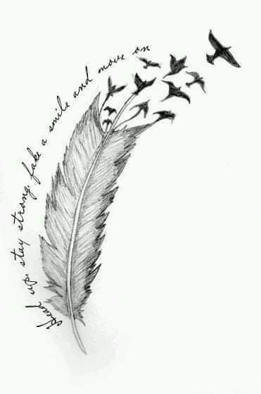 85 Tatuajes plantillas bocetos ideas pluma con inscripcion y aves volando desde una extremo en negro