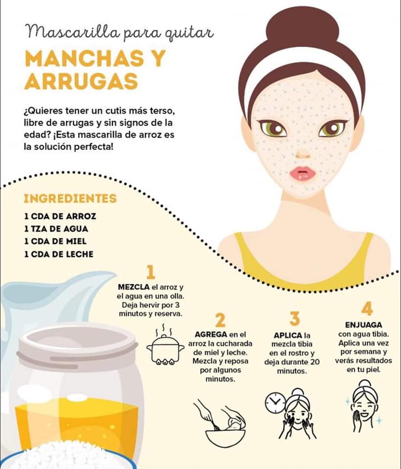 9 Remédios Caseiros Máscara para remover manchas e rugas com arroz, água, mel e leite