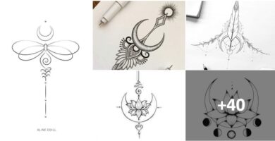 Collage-Tattoos skizzieren Schablonen von Unalome Moon und Lotus Flower