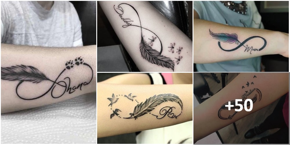 Collage Infinity Tattoos with Feathers and Initials