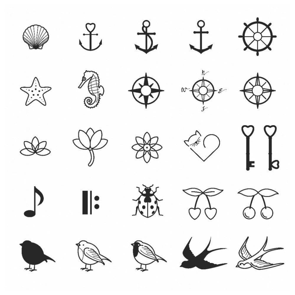 Kleine Tattoos, Skizzen, Schablonen, Muschel, breit, Timon, Stern, Seepferdchen, Lotusblume, Vögel