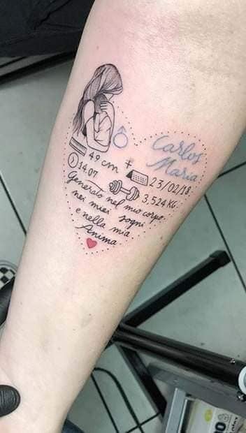 Tatuaggi con data sul cuore con altri dati di nascita, immagine della madre, nome, dimensione, frase, cuore, Carlos Maria
