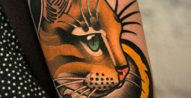 1 TOP 1 Tatuaje NeoTradicional Gato Naranja Ojos Verdes Mirada Expresiva en Antebrazo