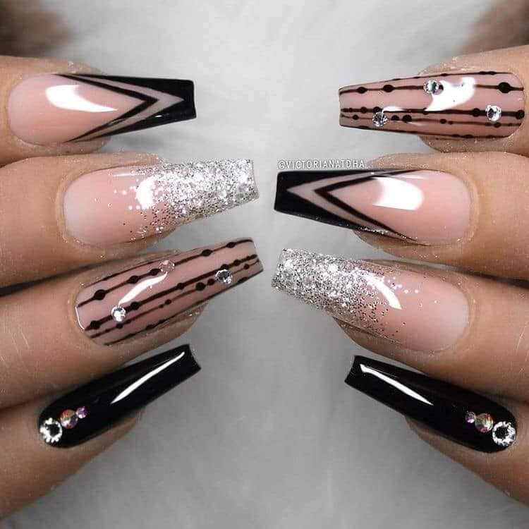 1 TOP 1 Black Acrylic Nails with pink at the base triangular strass drawings of brilliant and silver glitter