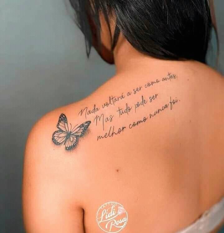 110 Tatuajes Lindos Frase en la parte del Hombro y Espalda alta con mariposa Nada volvera a ser como antes