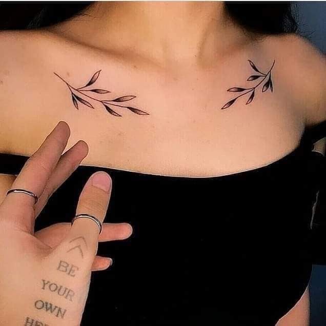 13 Cute Tattoo Ideas Two Twigs with black leaves on each clavicle on both sides