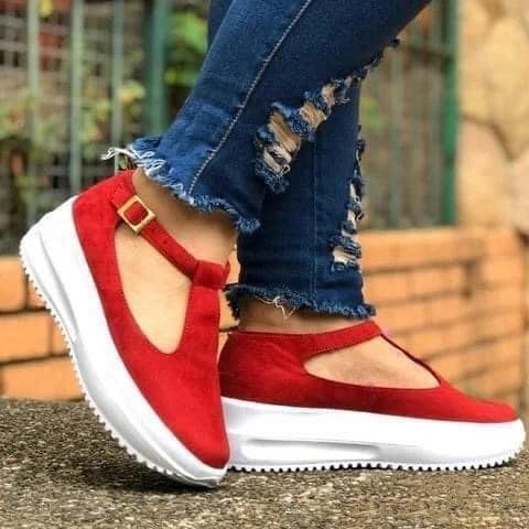 19 Red Women's Sandals tennis sole closed toe moccasin type with ankle buckle