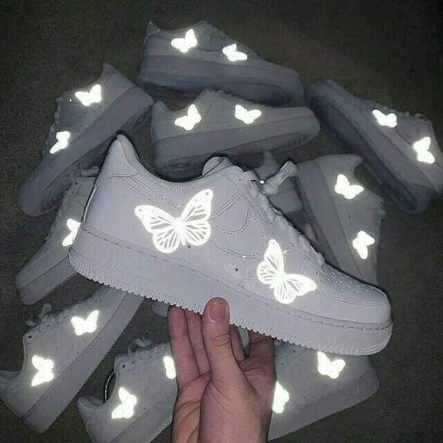 2 TOP 2 Tennis Shoes Nike Air Force 1 Personalized with Reflective Tape Butterflies