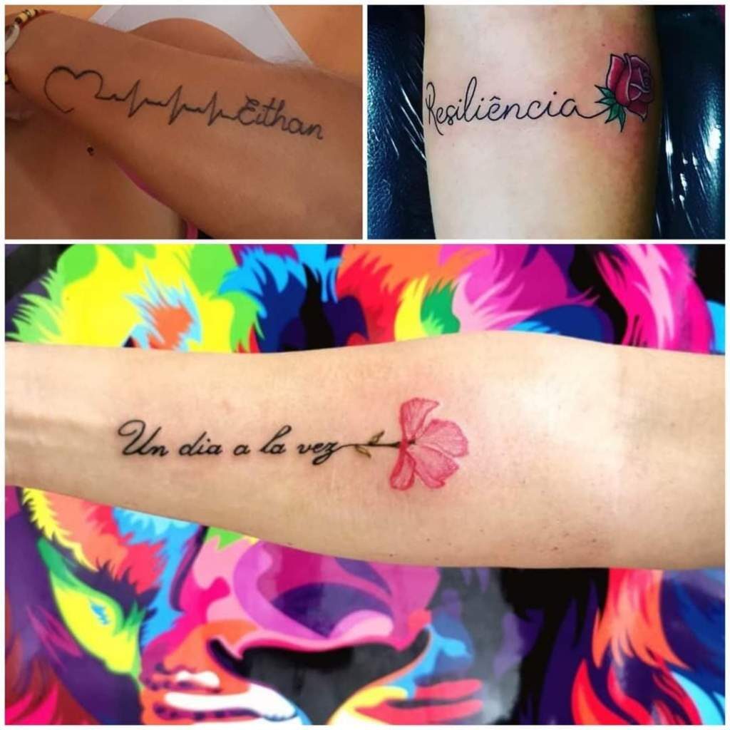 21 Tatuajes Originales Cardio con nombre ethan en antebrazo Palabra Resiliencia y Frase Un dia a la Vez con flores rosas