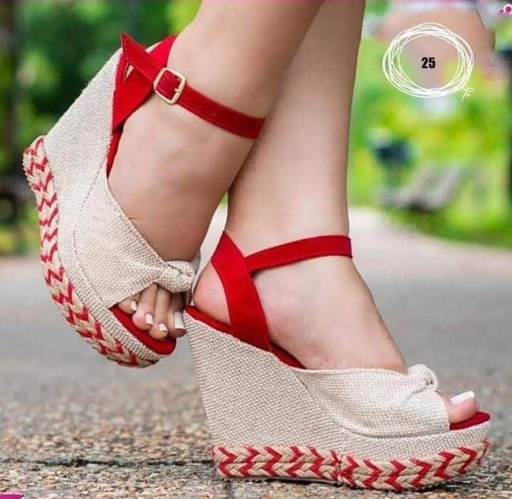 22 Red Women's Sandals super high platform simil burlap fabric side grip with buckle