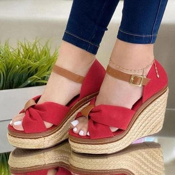 23 Elegant Red Women's Sandals with crossed monkey at the tip brown ribbon with ankle buckle
