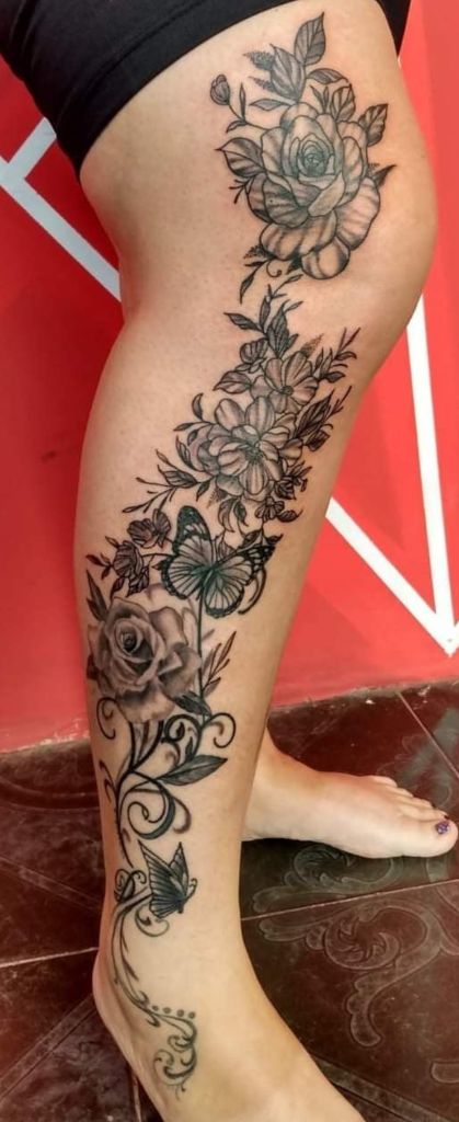 3 TOP 3 Original Tattoos for Women Black Rose Flowers on the Entire Leg and Calf with Leaves and Branches Butterflies