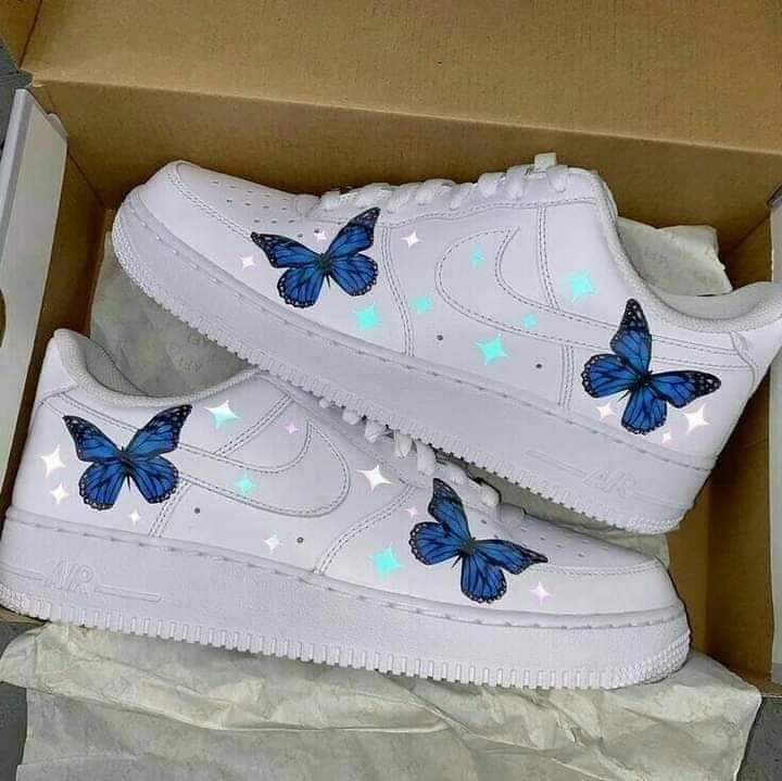 3 TOP 3 Tennis Shoes Nike Air Force 1 Personalized with Reflective Tape Blue Butterflies and Colored Stars