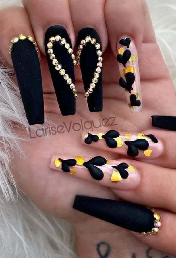 306 Black Acrylic Nails LARISE VOLQUEZ with gold rhinestones hearts