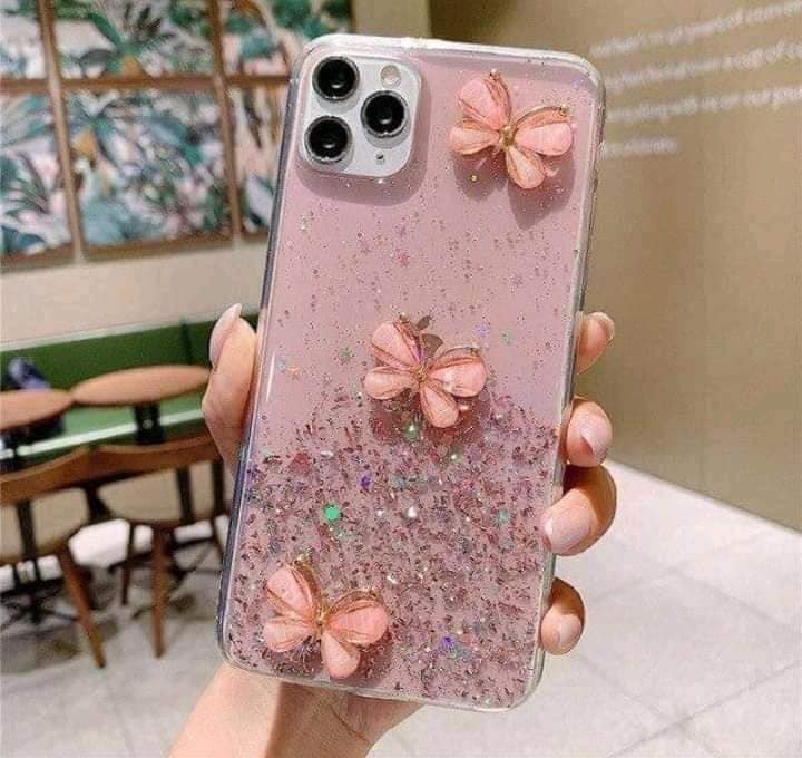 460 Outfit Pink Mobile Phone Case with Salmon butterflies and Transparency with encapsulated glitter