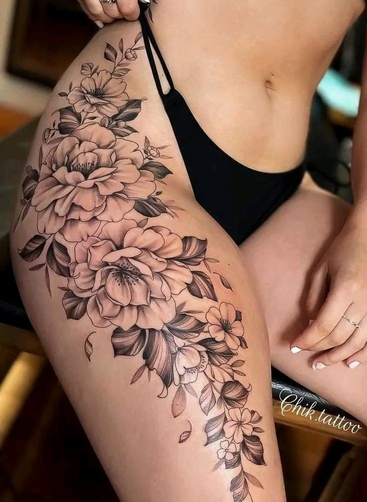 485 Tatuaje en el Muslo Flores y Hojas en Tinta Negra Grande