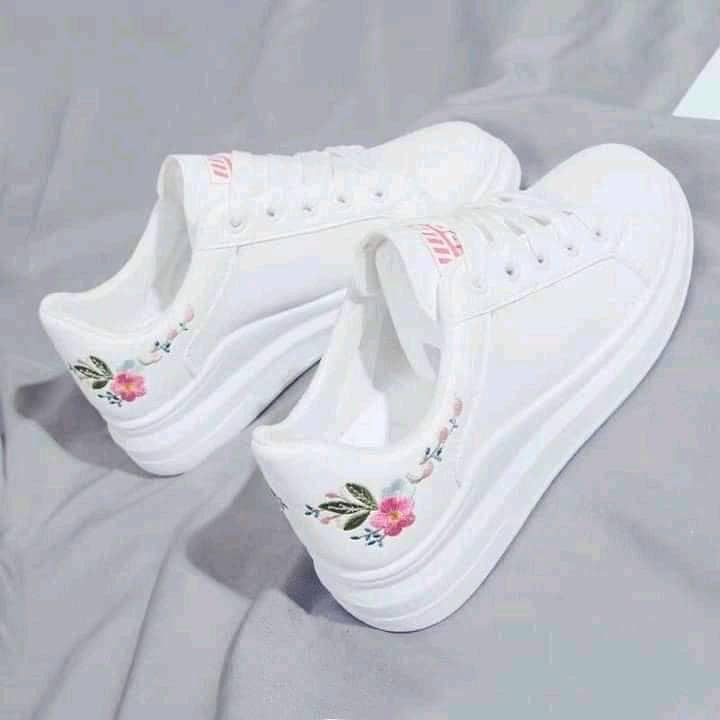518 White Sneakers with pink flower embroidery with green and blue leaves