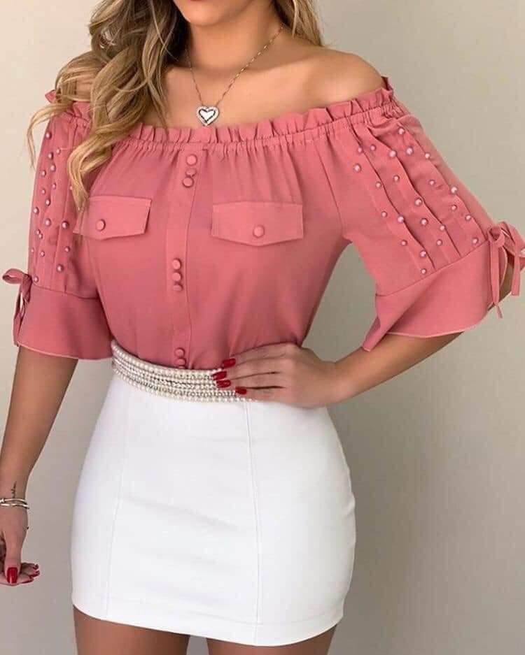 7 Pale Pink Blouse combined with White skirt and bare shoulders