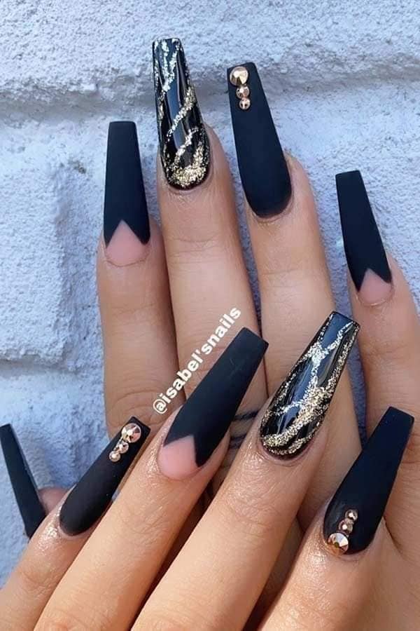 744 Black Acrylic Nails with gold glitter and gold rhinestones ISABEL NAILS