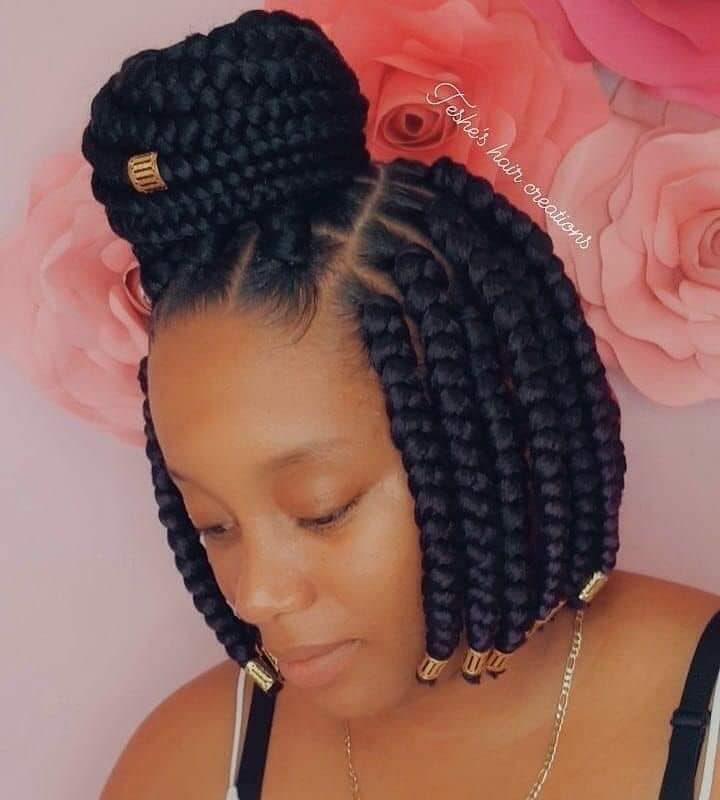 8 African braids hairstyles for short hair with a large bun in the middle