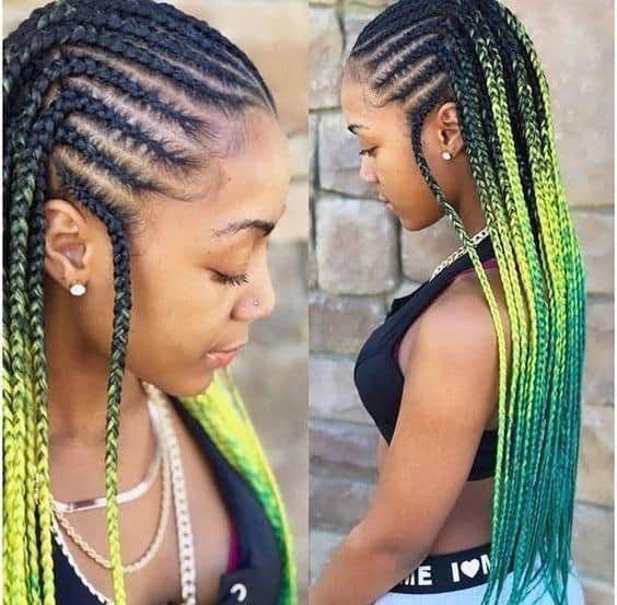 80 tranças africanas com cabelo verde amarelo e preto
